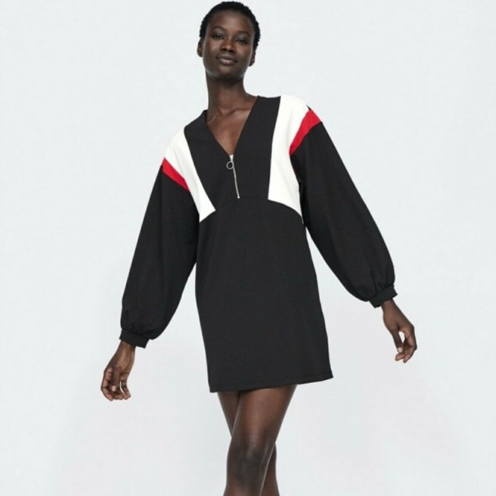 ZARA Black Mod Front Zip Color Block Ballon Sleeve Mini Dress